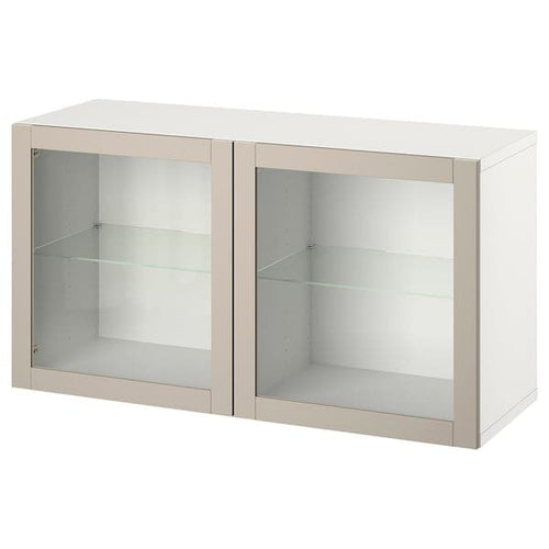 BESTÅ - Wall-mounted cabinet combination, white Sindvik/light grey/beige clear glass, 120x42x64 cm