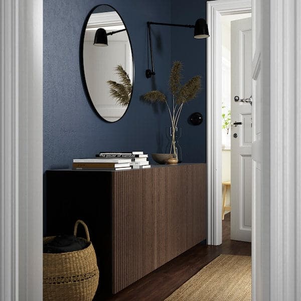 Ikea BESTÅ - Wall-mounted cabinet combination, black-brown Björköviken/brown stained oak veneer, 180x42x64 cm