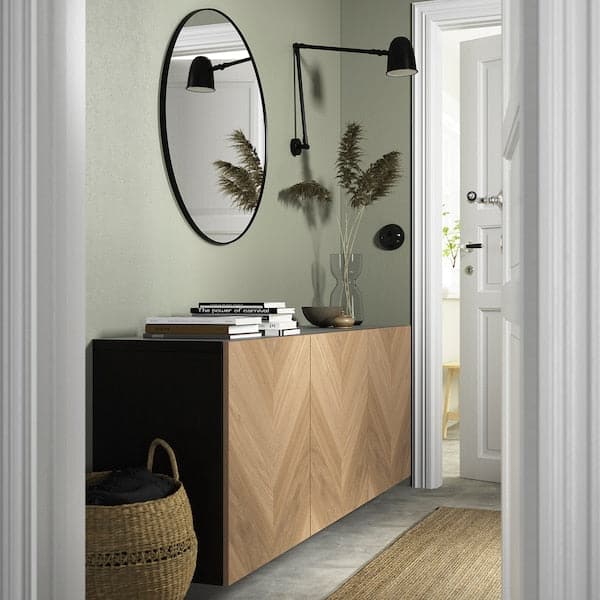 Ikea BESTÅ - Wall-mounted cabinet combination, black-brown Hedeviken/oak veneer, 180x42x64 cm