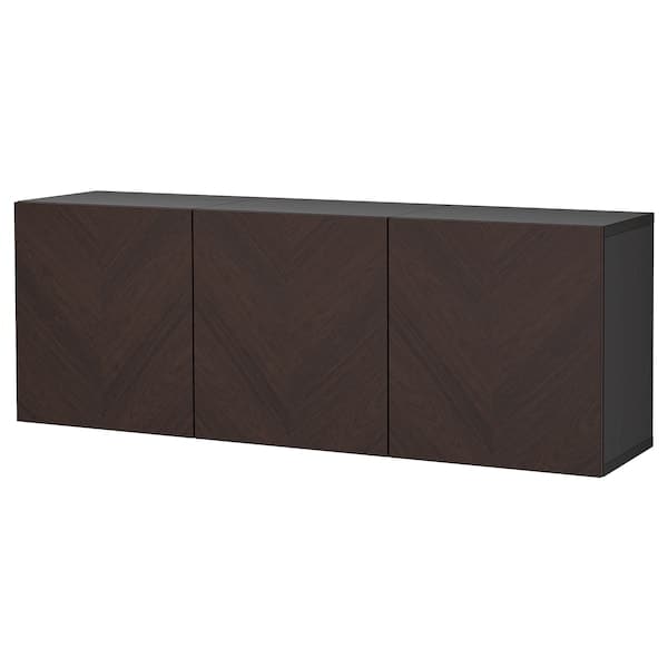 BESTÅ - Wall-mounted cabinet combination, black-brown Hedeviken/dark brown stained oak veneer, 180x42x64 cm