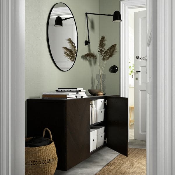 BESTÅ - Wall-mounted cabinet combination, black-brown Hedeviken/dark brown stained oak veneer