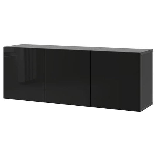 BESTÅ - Wall-mounted cabinet combination, black-brown/Selsviken high-gloss/black, 180x42x64 cm - best price from Maltashopper.com 29412468