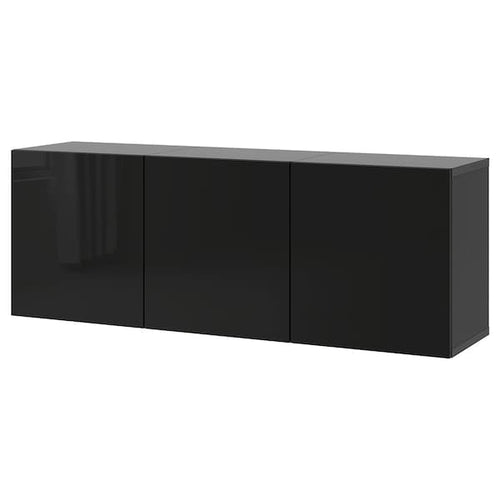 BESTÅ - Wall-mounted cabinet combination, black-brown/Selsviken high-gloss/black, 180x42x64 cm