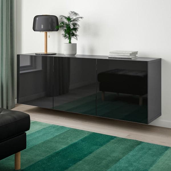 Ikea BESTÅ - Wall-mounted cabinet combination, black-brown/Selsviken high-gloss/black, 180x42x64 cm