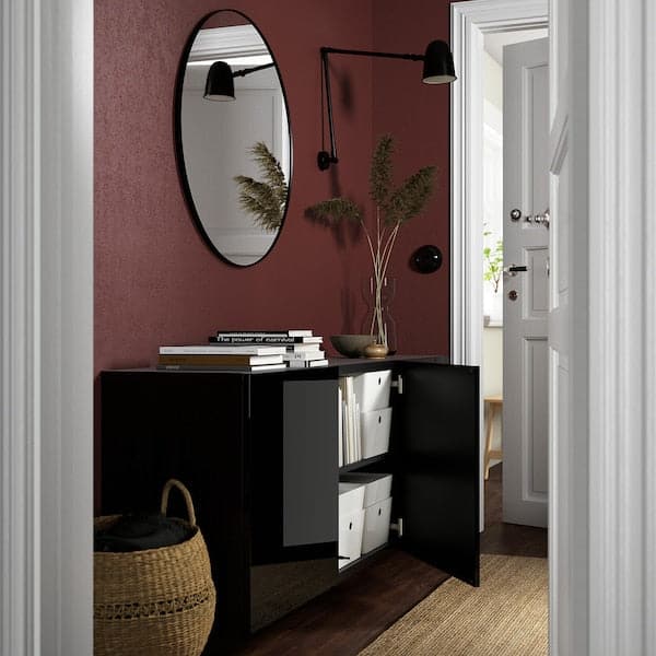 Ikea BESTÅ - Wall-mounted cabinet combination, black-brown/Selsviken high-gloss/black, 180x42x64 cm