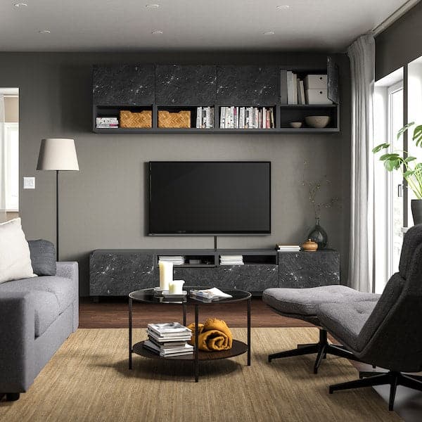 Ikea BESTÅ - TV storage combination, dark grey/Bergsviken/Stubbarp black, 240x42x230 cm