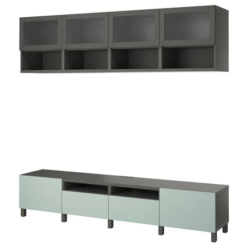 BESTÅ - TV storage combination, dark grey Sindvik/Hjortviken/Stubbarp pale grey-green, 240x42x230 cm