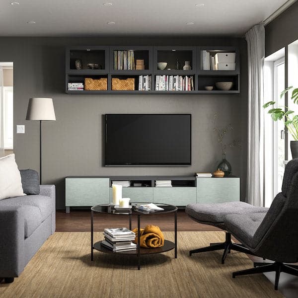 Ikea BESTÅ - TV storage combination, dark grey Sindvik/Hjortviken/Stubbarp pale grey-green, 240x42x230 cm