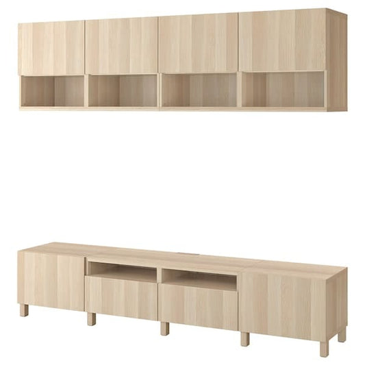 Ikea BESTÅ - TV storage combination, white stained oak effect/Lappviken/Stubbarp white stained oak effect, 240x42x230 cm
