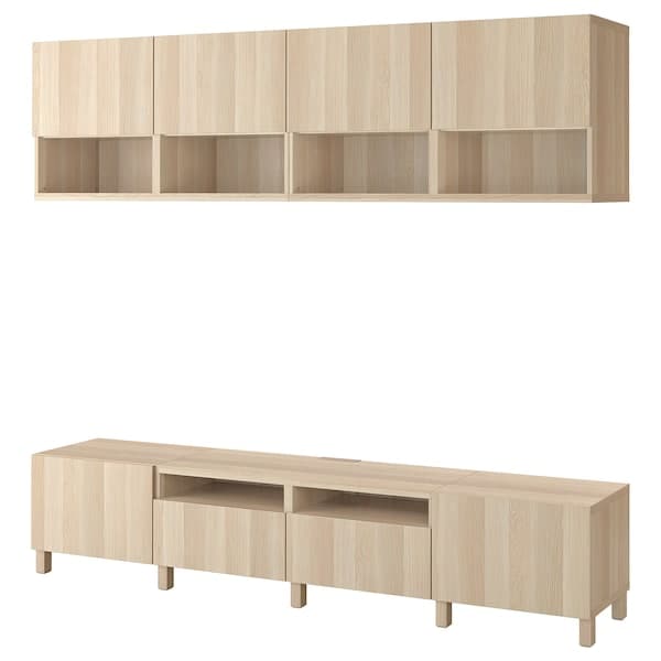 BESTÅ - TV storage combination, white stained oak effect/Lappviken/Stubbarp white stained oak effect, 240x42x230 cm