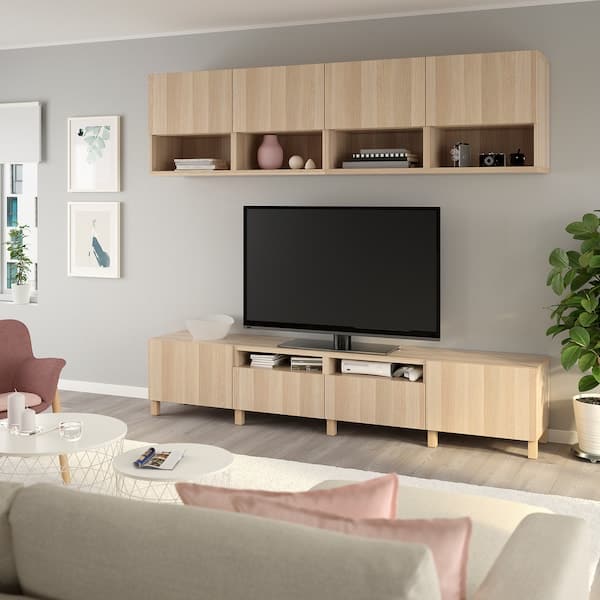 Ikea BESTÅ - TV storage combination, white stained oak effect/Lappviken/Stubbarp white stained oak effect, 240x42x230 cm