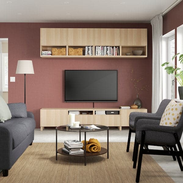 Ikea BESTÅ - TV storage combination, white stained oak effect/Lappviken/Stubbarp white stained oak effect, 240x42x230 cm
