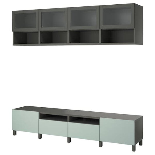 Ikea BESTÅ - TV storage combination, dark grey Sindvik/Hjortviken/Stubbarp pale grey-green, 240x42x230 cm