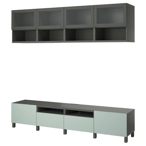 BESTÅ TV storage combination, dark grey Sindvik/Hjortviken/Stubbarp pale grey-green, 240x42x230 cm