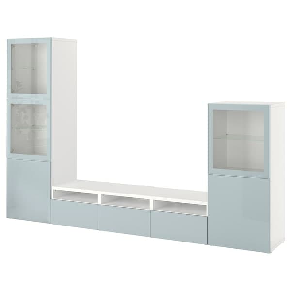 Ikea BESTÅ - TV storage combination/glass doors, white Glassvik/Selsviken light grey-blue, 300x42x193 cm