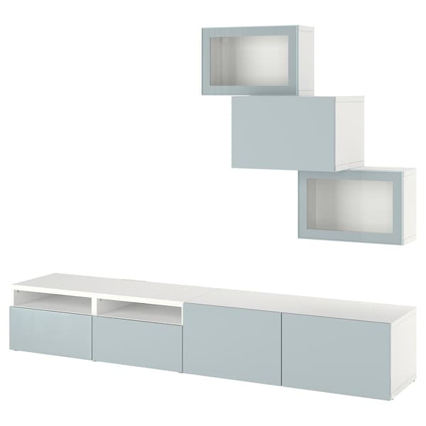 Ikea BESTÅ - TV storage combination/glass doors, white Glassvik/Selsviken light grey-blue, 240x42x190 cm