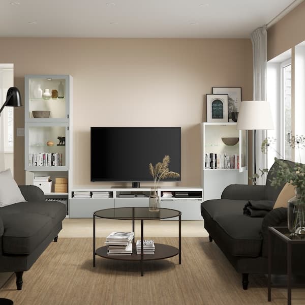 Ikea BESTÅ - TV storage combination/glass doors, white Glassvik/Selsviken light grey-blue, 300x42x193 cm