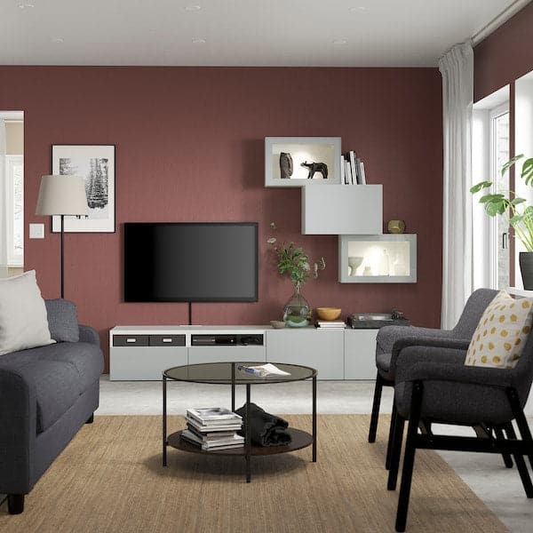 BESTÅ - TV storage combination/glass doors, white Glassvik/Selsviken light grey-blue, 240x42x190 cm - best price from Maltashopper.com 49421382