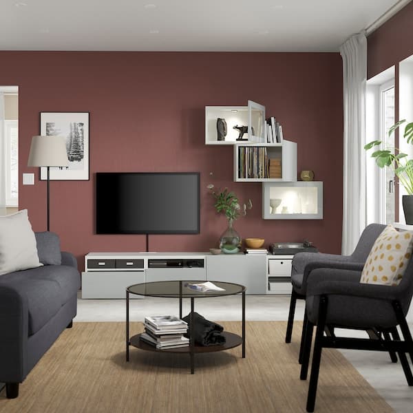 Ikea BESTÅ - TV storage combination/glass doors, white Glassvik/Selsviken light grey-blue, 240x42x190 cm