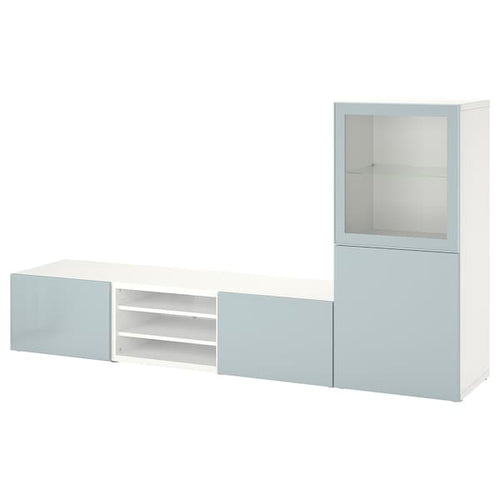 BESTÅ - TV storage combination/glass doors, white Glassvik/Selsviken light grey-blue, 240x42x129 cm
