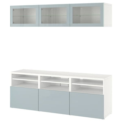 BESTÅ - TV storage combination/glass doors, white Glassvik/Selsviken light grey-blue, 180x42x192 cm