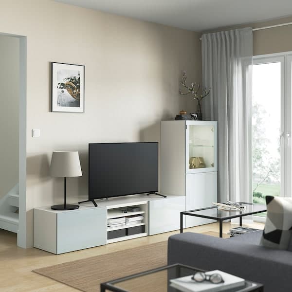 Ikea BESTÅ - TV storage combination/glass doors, white Glassvik/Selsviken light grey-blue, 240x42x129 cm