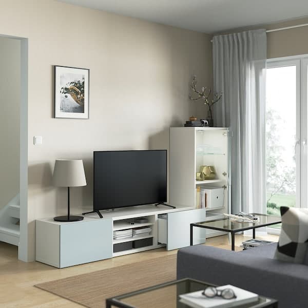 Ikea BESTÅ - TV storage combination/glass doors, white Glassvik/Selsviken light grey-blue, 240x42x129 cm