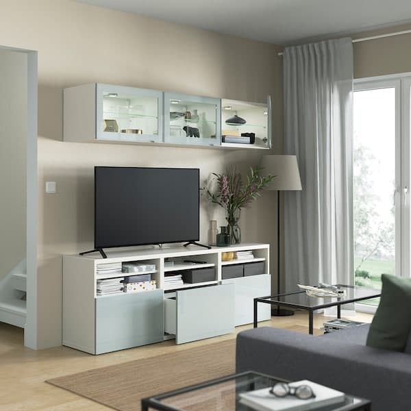 Ikea BESTÅ - TV storage combination/glass doors, white Glassvik/Selsviken light grey-blue, 180x42x192 cm