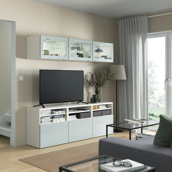 Ikea BESTÅ - TV storage combination/glass doors, white Glassvik/Selsviken light grey-blue, 180x42x192 cm