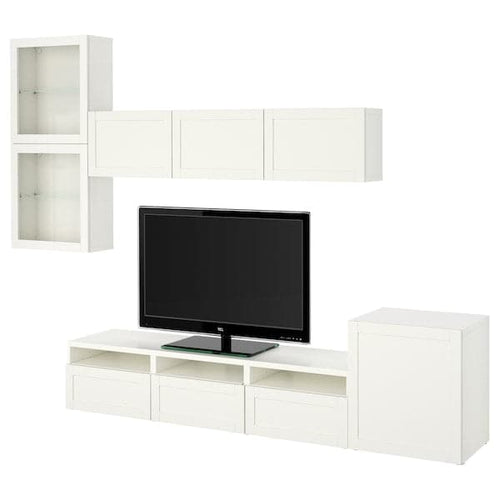 BESTÅ - TV storage combination/glass doors, white/Hanviken white clear glass, 300x42x211 cm