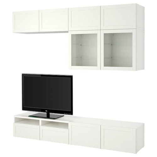 BESTÅ - TV storage combination/glass doors, white/Hanviken white clear glass, 240x42x231 cm