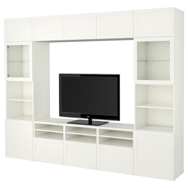 Ikea BESTÅ - TV storage combination/glass doors, white/Hanviken white clear glass, 300x42x231 cm