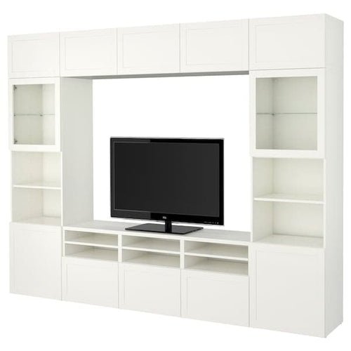 BESTÅ - TV storage combination/glass doors, white/Hanviken white clear glass, 300x42x231 cm