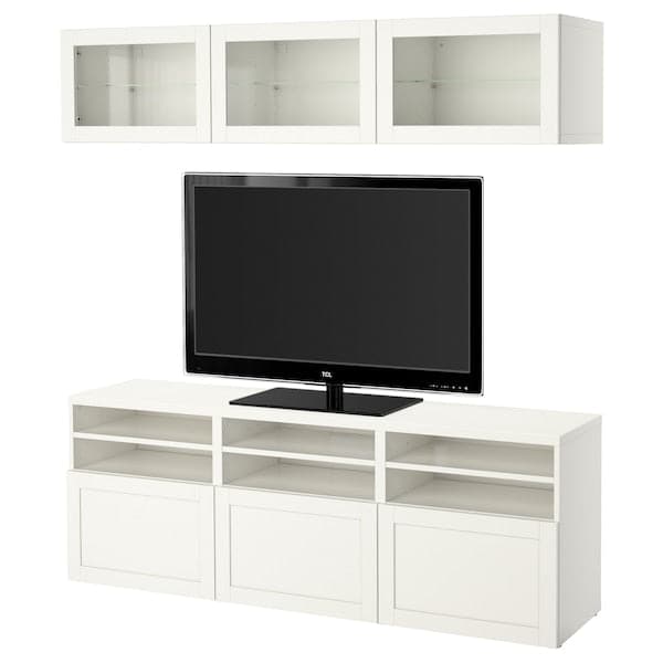 BESTÅ - TV storage combination/glass doors, white/Hanviken white clear glass, 180x42x192 cm - best price from Maltashopper.com 49410369