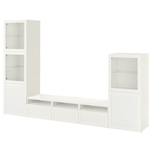 BESTÅ - TV storage combination/glass doors, white/Hanviken white clear glass, 300x42x193 cm