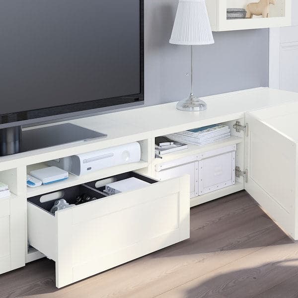 BESTÅ - TV storage combination/glass doors, white/Hanviken white clear glass, 240x42x190 cm - best price from Maltashopper.com 89411319