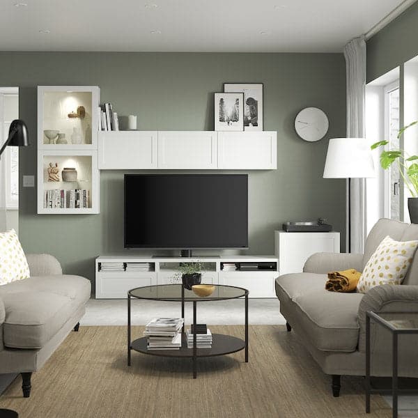 Ikea BESTÅ - TV storage combination/glass doors, white/Hanviken white clear glass, 300x42x211 cm
