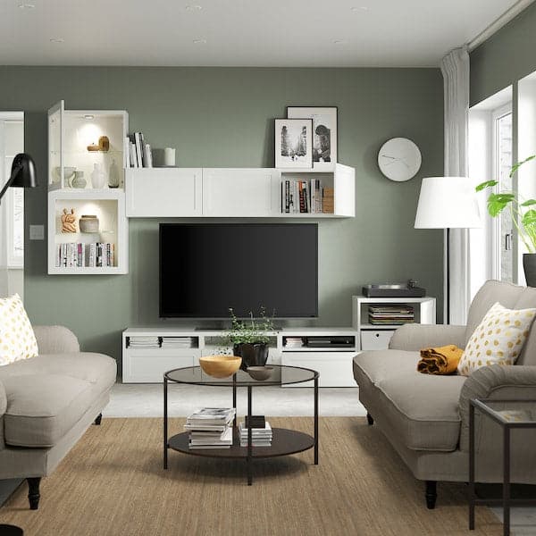Ikea BESTÅ - TV storage combination/glass doors, white/Hanviken white clear glass, 300x42x211 cm
