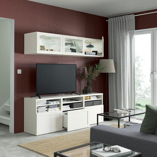 BESTÅ - TV storage combination/glass doors, white/Hanviken white clear glass, 180x42x192 cm - best price from Maltashopper.com 49410369