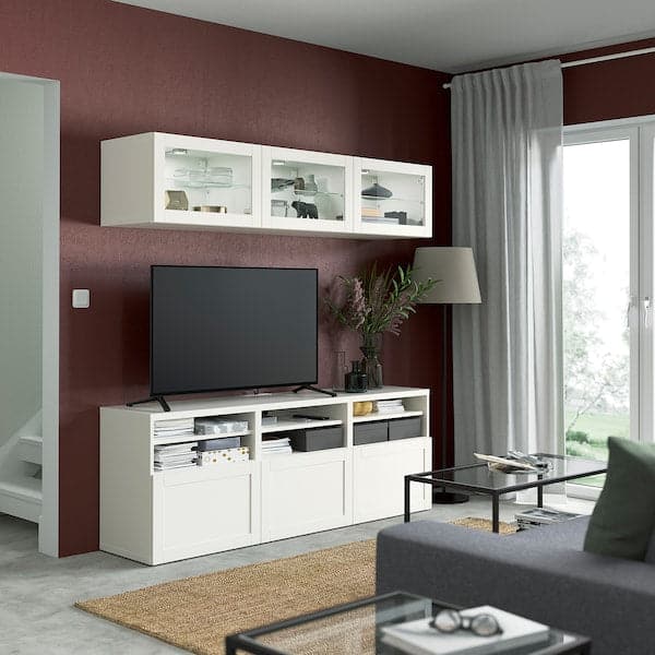 BESTÅ - TV storage combination/glass doors, white/Hanviken white clear glass, 180x42x192 cm - best price from Maltashopper.com 09410371