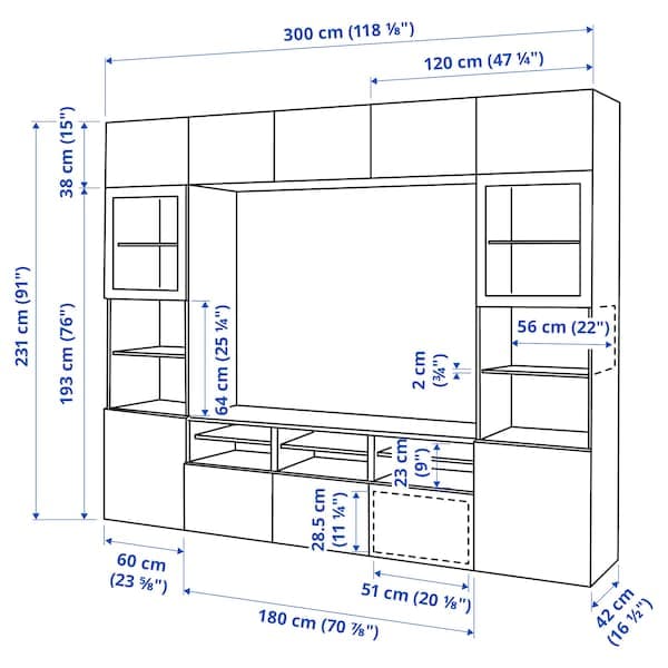 Ikea BESTÅ - TV storage combination/glass doors, white/Hanviken white clear glass, 300x42x231 cm