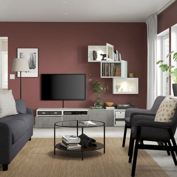 Ikea BESTÅ - TV storage combination/glass doors, white Kallviken/Hjortviken light grey-green, 240x42x190 cm