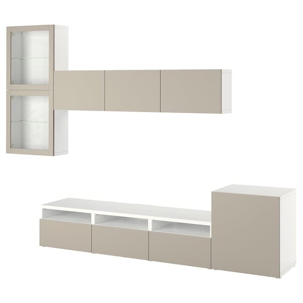 BESTÅ - TV storage combination/glass doors, white Lappviken/light grey-beige clear glass, 300x42x211 cm - best price from Maltashopper.com 89417854