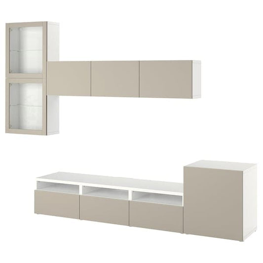 Ikea BESTÅ - TV storage combination/glass doors, white Lappviken/light grey-beige clear glass, 300x42x211 cm