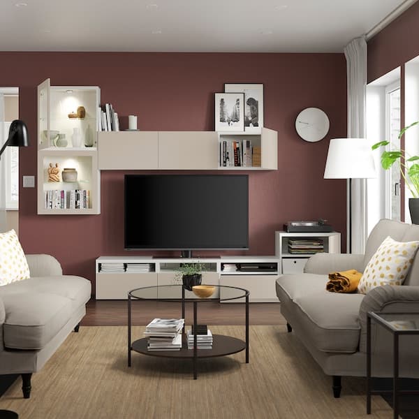 Ikea BESTÅ - TV storage combination/glass doors, white Lappviken/light grey-beige clear glass, 300x42x211 cm