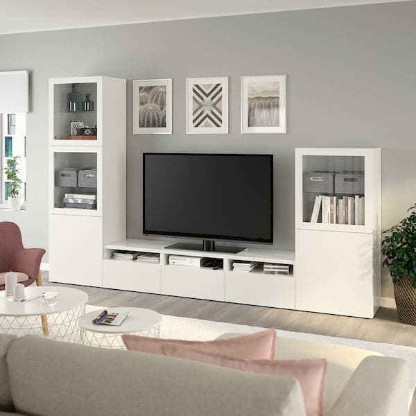BESTÅ - TV storage combination/glass doors, white/Lappviken white clear glass, 300x42x193 cm - best price from Maltashopper.com 69406385