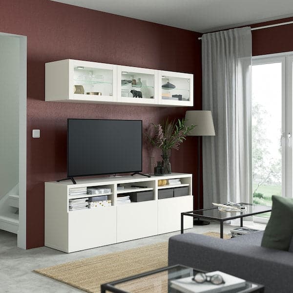 Ikea BESTÅ - TV storage combination/glass doors, white/Lappviken white clear glass, 180x42x192 cm