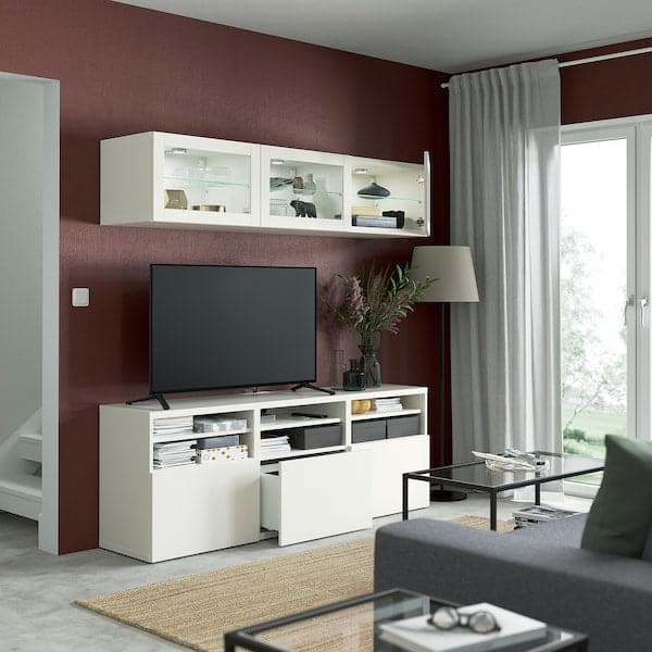 Ikea BESTÅ - TV storage combination/glass doors, white/Lappviken white clear glass, 180x42x192 cm