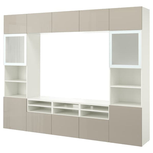 BESTÅ - TV combination / glass doors, white / Selsviken high-gloss / beige frosted glass, 300x42x231 cm