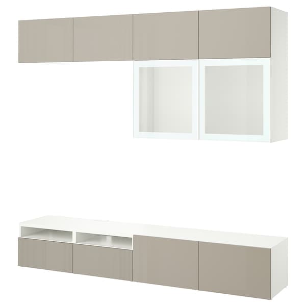 BESTÅ - TV combination / glass doors, white / Selsviken high-gloss / beige frosted glass, 240x42x231 cm - best price from Maltashopper.com 89488808